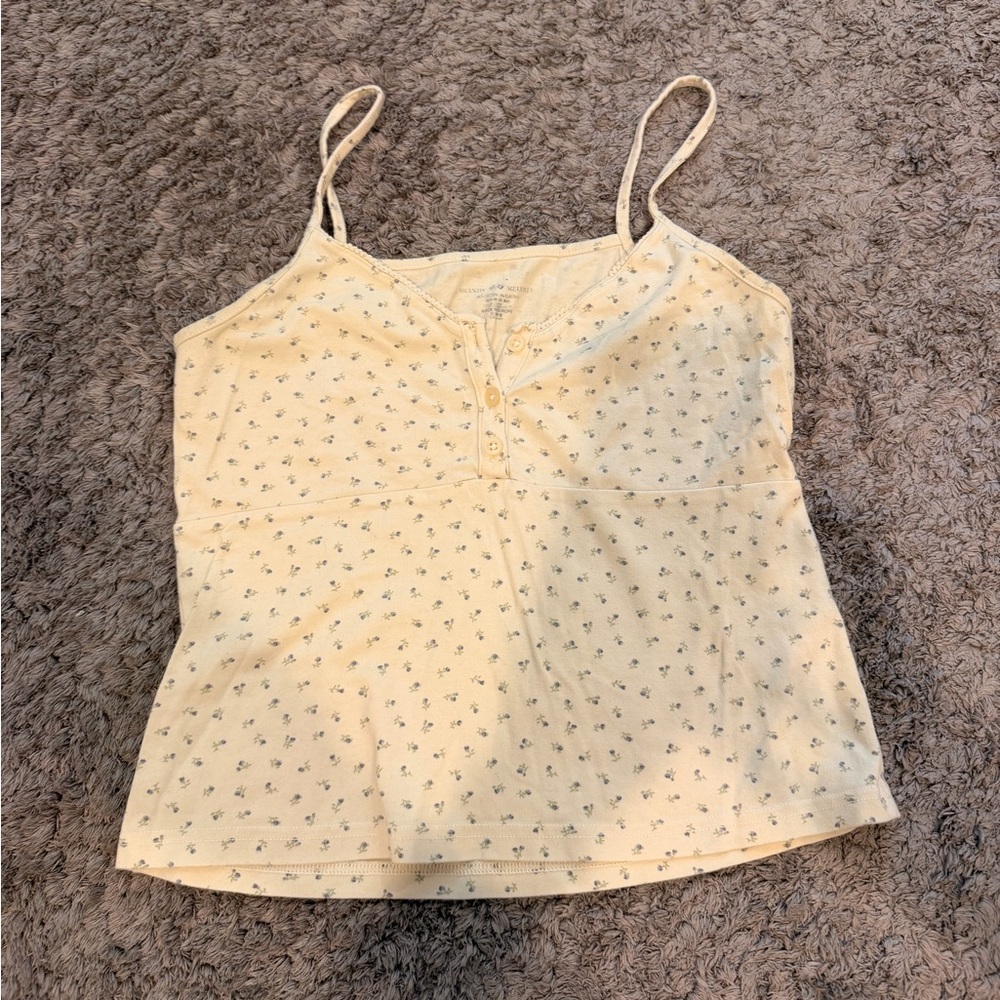 Brandy Melville Women's Cream Blue Floral Tank with 3 Buttons